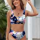 Pink Queen Women High Waisted Bikini Sporty Crop Top High Cut Bathing Suit Sporty 2 Piece Swimsuits Floral Navy 2XL