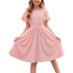 Arshiner Girl's Casual Dress Summer Scoop Neck Short Sleeve Flowy Print and Plain Sundress for Kids 4-14Y (11-12 Years, 0-pink)