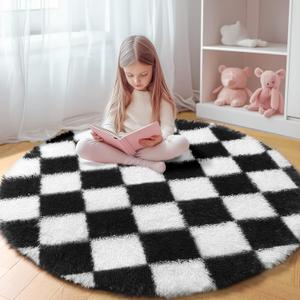 KICMOR Round Rugs 6ft for Bedroom Living Room, Black and White Fluffy Soft Circle Area Rug Fuzzy Shag Shaggy Carpet, Large Plush Checkered Circular Rug for Kids Room Nursery Home Decor Aesthetic