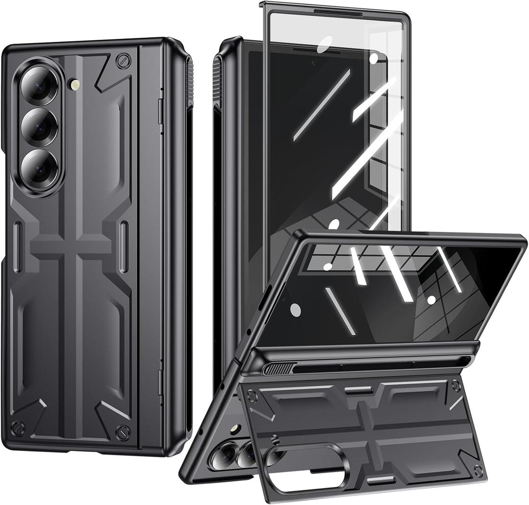 for Samsung Z-Fold-6 Pen Case: Slim Hinge Stand Case with Screen Protector - Support Wireless Charging - Soft Full Body Protective Phone Cover for Galaxy Z Fold6 Black