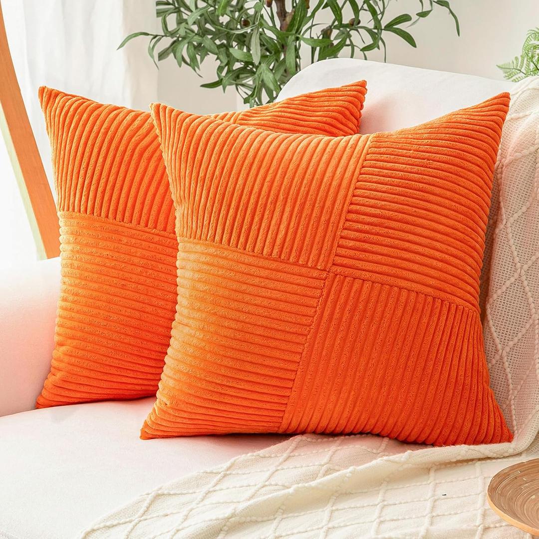 Decorative Throw Pillow Covers 20x20 Inch Set of 2 for Boho Living Room Farmhouse Home Decor, Spring Pillow Covers for Couch Bed, Soft Corduroy Striped Patchwork Cushion Cases, Orange
