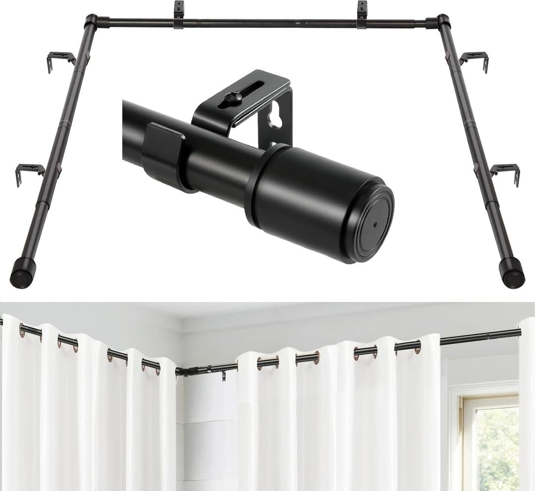 1 Inch Bay Window Curtain Rods Corner Curtain Rods Set 30-76 Inch Center Rod for Windows 16-40 Inch Side Rods,Curtain Rods Set (Black)