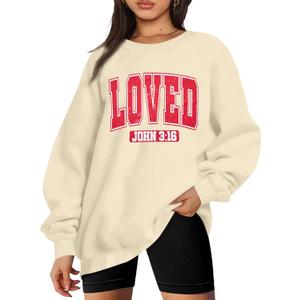 UNIQUEONE Valentines Sweatshirts for Women Love Sweatshirt Love Heart Graphic Pullover Cute Holiday Crewneck Long Sleeve Tops (Beige, S)