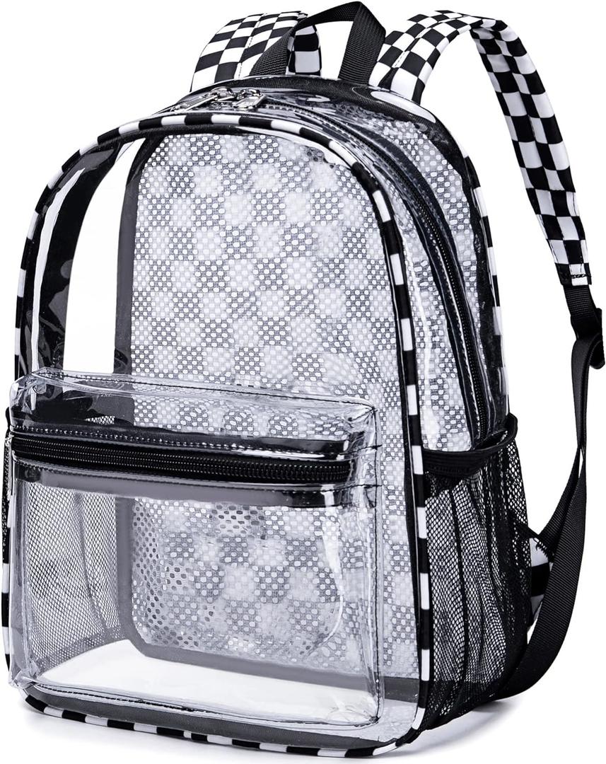 BTOOP Clear Mini Backpack for Stadium Events 12x12x6 Small Transparent Backpacks Plastic See Through Clear Bag for Concerts Work Festival Security Travel (Black White - Plaid)