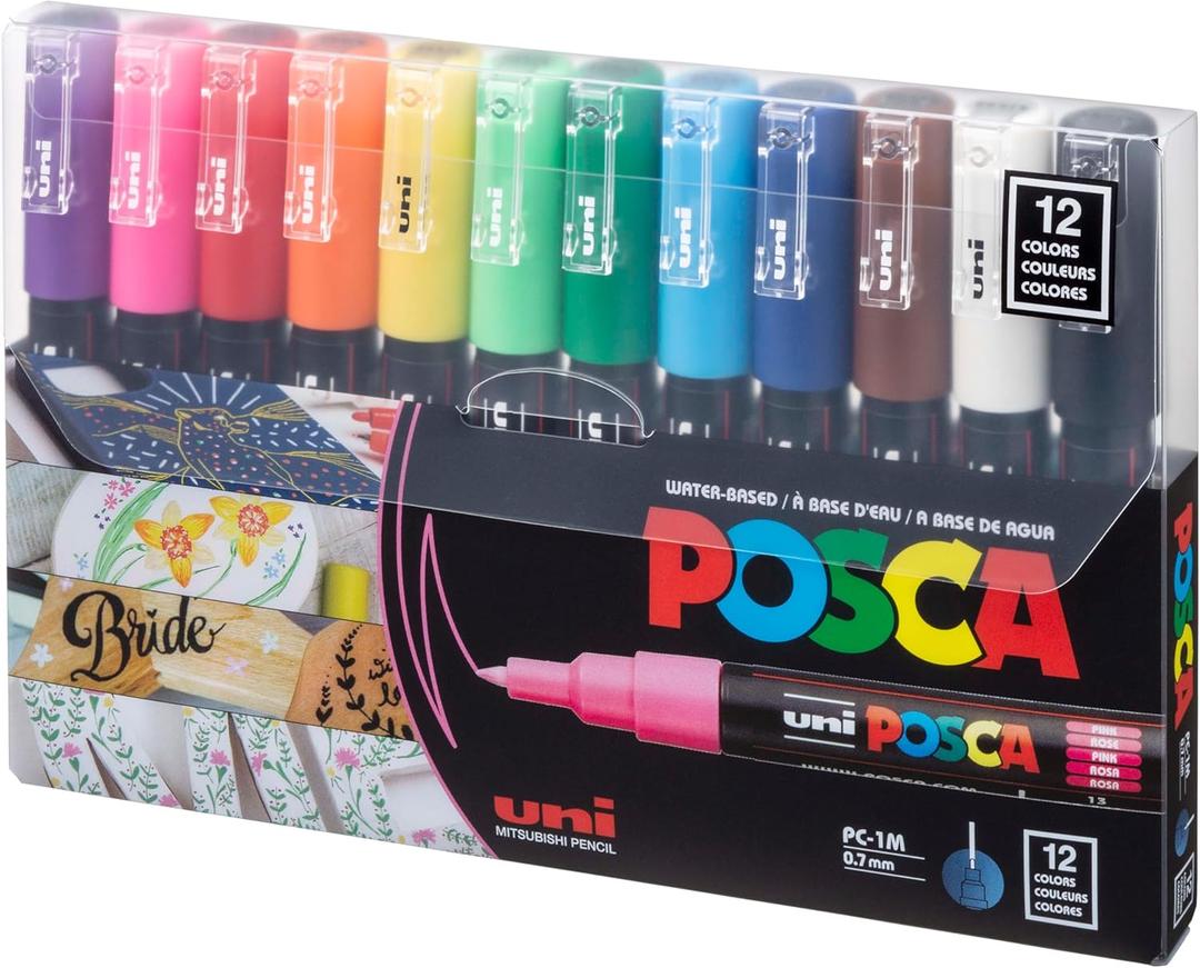 uni Posca Acrylic Paint Art Markers, Set of 12 Extra Fine Point Thin Paint Pens for Coloring Gifts, Fabric, Metal, Glass, Rocks, Wood and Canvas, Assorted Colors, PC1M12C