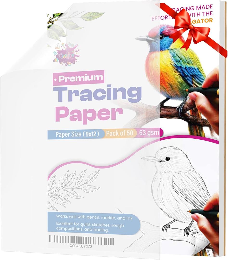 Tracing Paper 9x12 Inch - 50 Sheets 41lb/63gsm Transparent Trace Paper for Sketching, Preliminary Drawing, Drafting & Art Projects - Premium Translucent Tracing Paper for Pencil, Marker and Ink