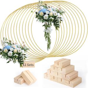 12 PCS 12 Inch Floral Hoop Centerpiece Table Decorations - Gold Wedding Party Centerpieces with Natural Wood Base, Metal Wreath Ring Stand for Balloon and Flower Decoration