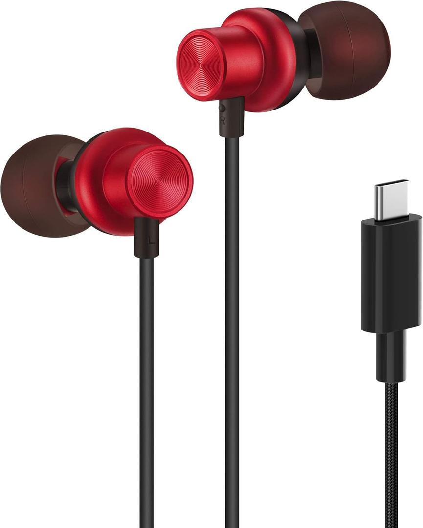 PALOVUE USB Type C Headphones Magnetic in Ear Earphones Earbuds with Mic and Volume Control Compatible with Google Pixel Samsung Oneplus Huawei Sony MacBook Red