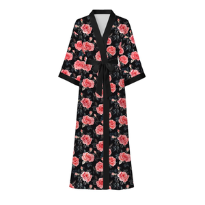 Artfasion Women Silky Floral Robes: Long Satin Bathrobes Sleepwear Loungewear, size Medium, with 2 pairs of socks one for adult and one for kids