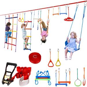 50ft Ninja Warrior Obstacle Course for Kids with Swing, Ninja Course for Kids Outside with 11 Accessories--Trapeze Swing, Climbing Net, Rope Ladder, Outdoor Playset with Monkey Bars