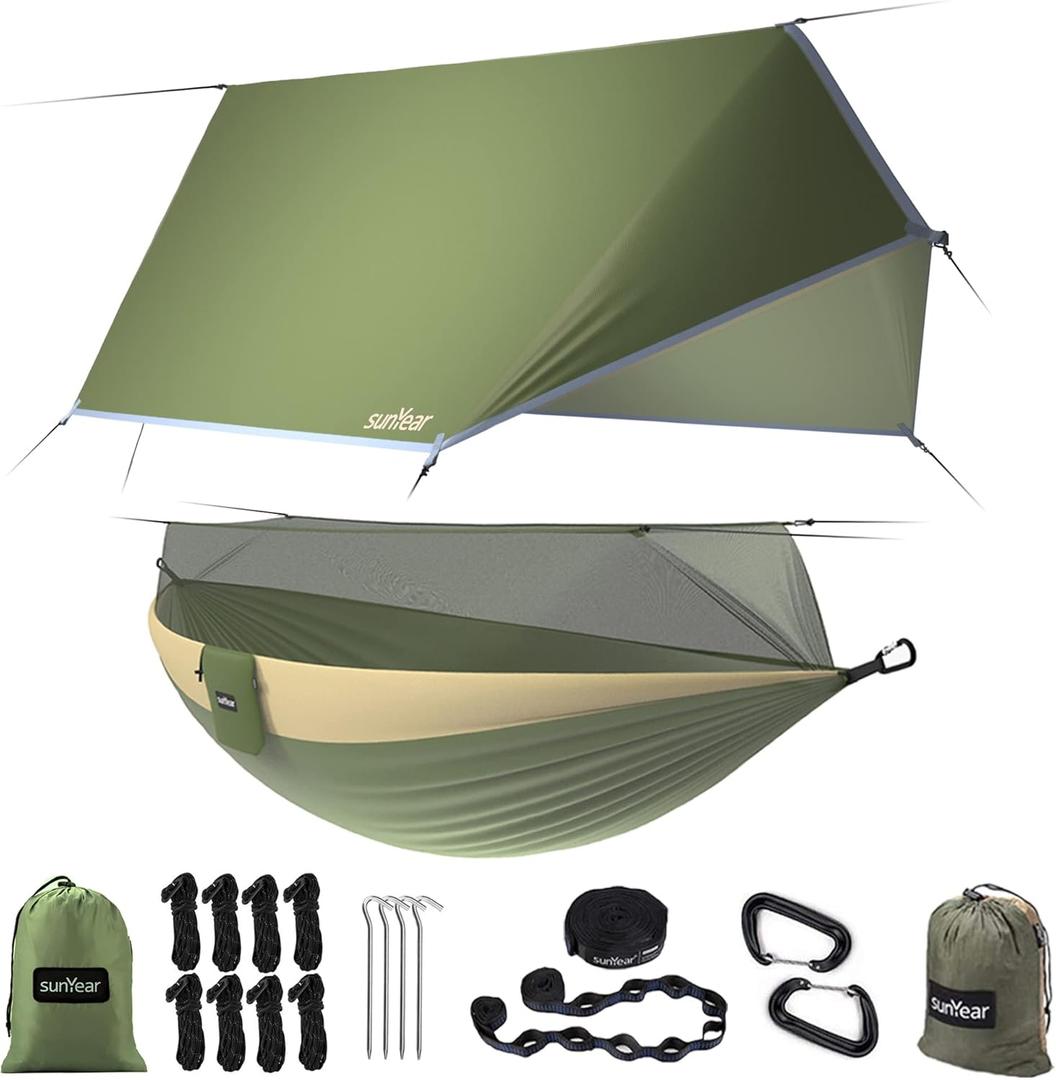 Sunyear Camping Hammock, Portable Single & Double Hammock with Net, 2 Person Hammock Tent with 2 * 10ft Straps, Best for Outdoor Hiking Survival Travel (Usa Green Bundle)