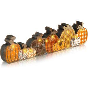 Yousoontic Thanksgiving Fall Pumpkin Decor Table Centerpieces Halloween Wooden Pumpkin Sign Decorations with LED Lights 3D Block Autumn Harvest Farmhouse Fall Decor for Home Mantel Desk Office Party