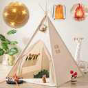 Tiny Land Kids-Teepee-Tent with Lights & Campfire Toy & Carry Bag, Foldable Toddler Tent for Kids - Washable Teepee Tent for Kids Indoor Tent, Outdoor Play Tent for Boys & Girls (Off-white Kids Teepee)
