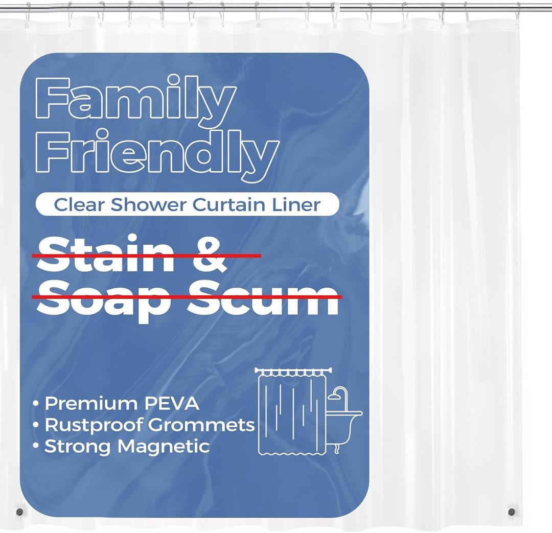 downluxe Clear Shower Curtain Liner with Magnets, PEVA Plastic Shower Liner, 72" W x 84" L Waterproof Lightweight Bathroom Curtain