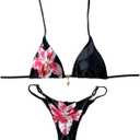 GORGLITTER Women's Floral Thong Bikini Set Triangle Halter Brazilian 2 Piece Swimsuit Cute Boho Summer Vacation Bathing Suit (Medium, Black and Pink)