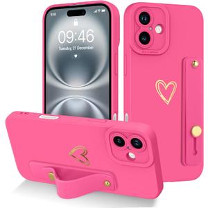 Fiyart Designed for iPhone 16 Case with Phone Holder Cute Love Hearts Pattern Slim Protective Camera Protection Cover with Wrist Strap Kickstand for Women Girls 6.1"-Rose Red