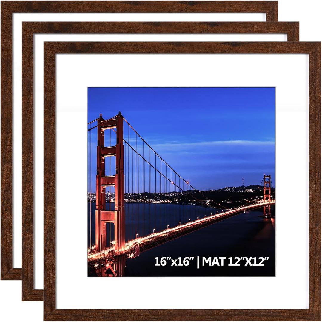 Yaetm 16x16 Picture Frame Matted to 12x12, Set of 3, Brown Wood Grain Square Frame for Gallery Wall Display, Hanging Hardware Included (3 Pack, Brown)