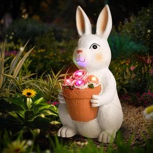Brightever Solar Powered Outdoor Garden Statues- Rabbit with Flowers and 5 Colorful LED Lights, 11.8IN Outdoor Figurine Lights, Solar Garden Bunny Statue for Mom, Women, Female