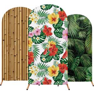 Set of 3 Hawaii Arch Backdrop Cover, 4ft, 5ft, 6ft Tropical Theme Birthday Party Decoration, Spandex Fitted Arch Stand Covers for Summer Beach Birthday Party (Colorful, Floral, Bamboo)