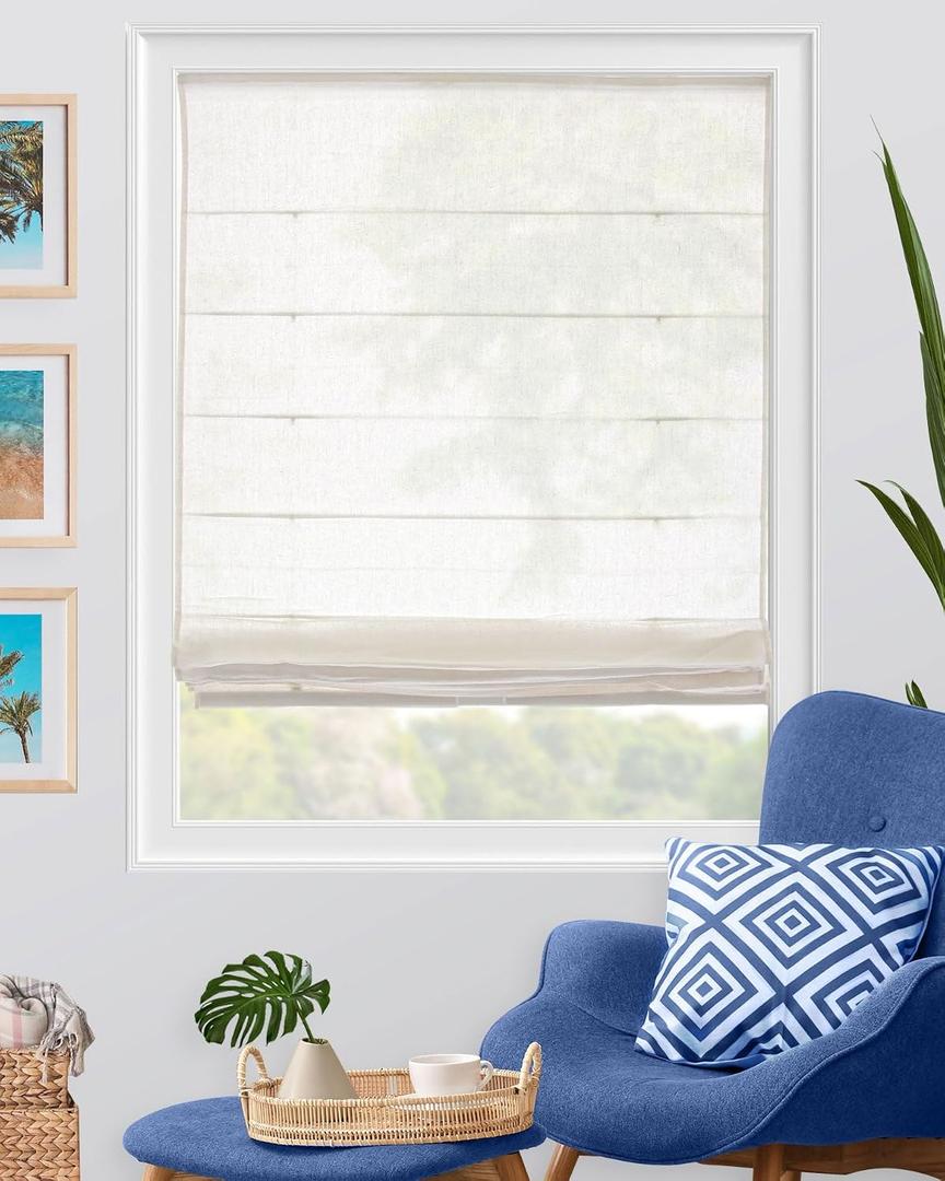 CHICOLOGY Cordless Roman Shade for Windows, Light Filtering Semi-Sheer Linen Look Fabric Window Treatment, Day Privacy 6/10, Inside/Outside Mount, True to Size Headrail, 39" W x 64" H, Pacific White