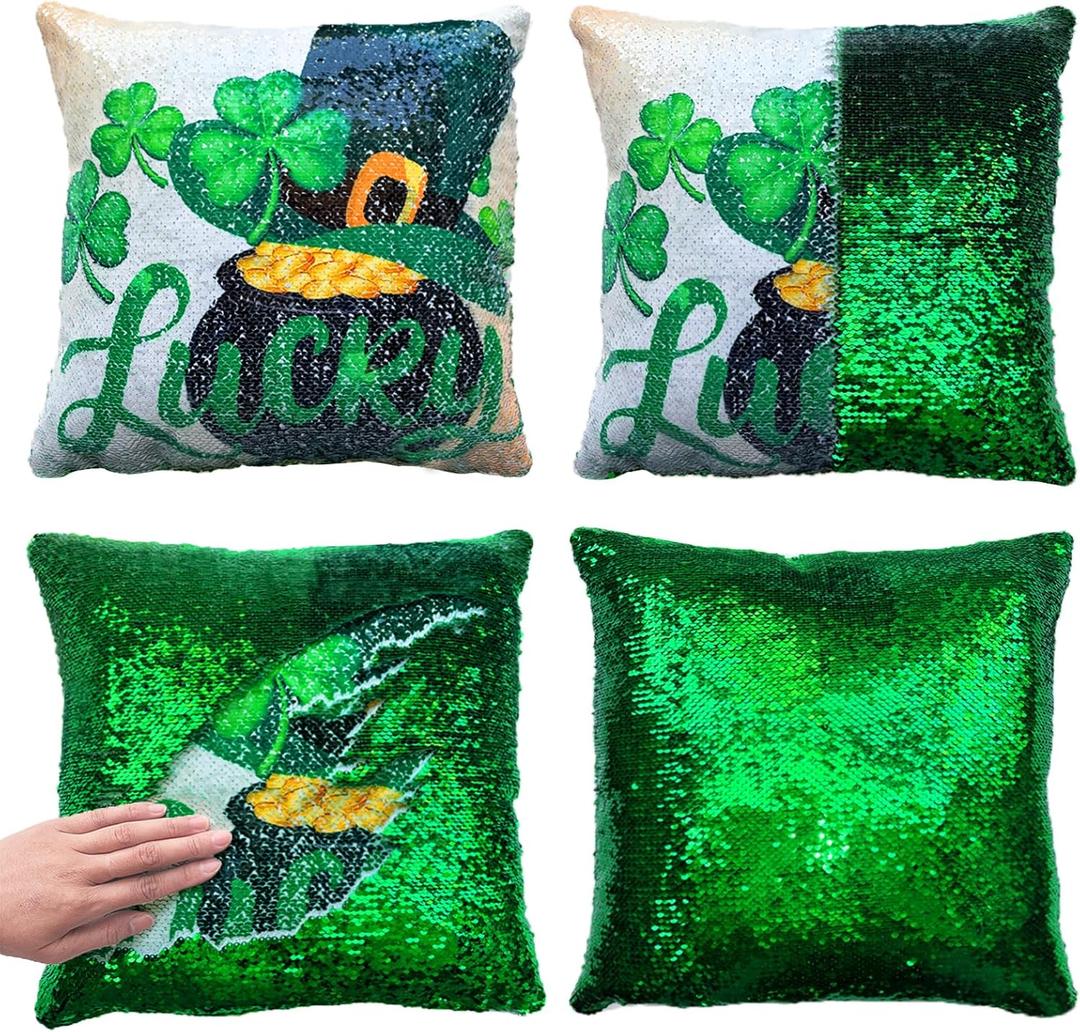 2 x St. Patrick's Day Glitter Sequin Pillow Cover 16x16 Inch - Reversible Sparkle Sequined Cushion Case for Irish Holiday Home Party Decor (Lucky)