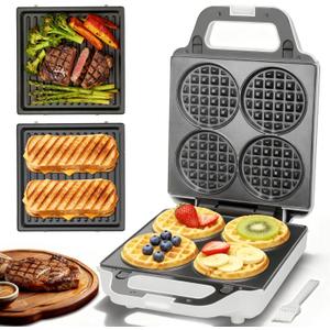 SugarWhisk 2 in 1 Mini Waffle Maker with Removable Plates, Panini Press Sandwich Maker, Sandwich Press, Waflera Electrica, Sandwichera Electrica, 4 X 4 Inch Classic Waffle Maker for Kids, White