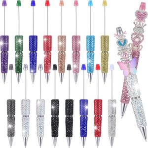 16 Pcs Glitter Beadable Pen Full Rhinestone Fancy Pens for Beads Cute Journalling Pens Multicolor Diamond Pens Fun Bling Ballpoint Pens for Women DIY Craft Office Supplies