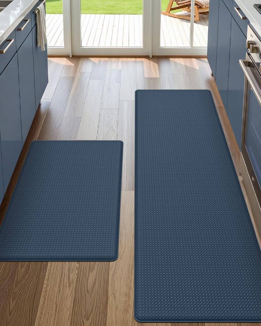 DEXI Kitchen Floor Mats Cushioned Anti Fatigue,17x29+17x59, Standing Runner Rug Waterproof, Comfort Memory Foam Padded for Front Sink Laundry Set of 2, Navy (Dark Blue)