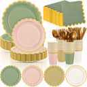 Mimorou 338 Pcs Sage Green and Pink Plates and Napkins Party Supplies Green and Rose Gold Tableware Include Scalloped Plates Paper Napkin Cup Spoon Fork Knife for Baby Shower, Wedding, Birthday