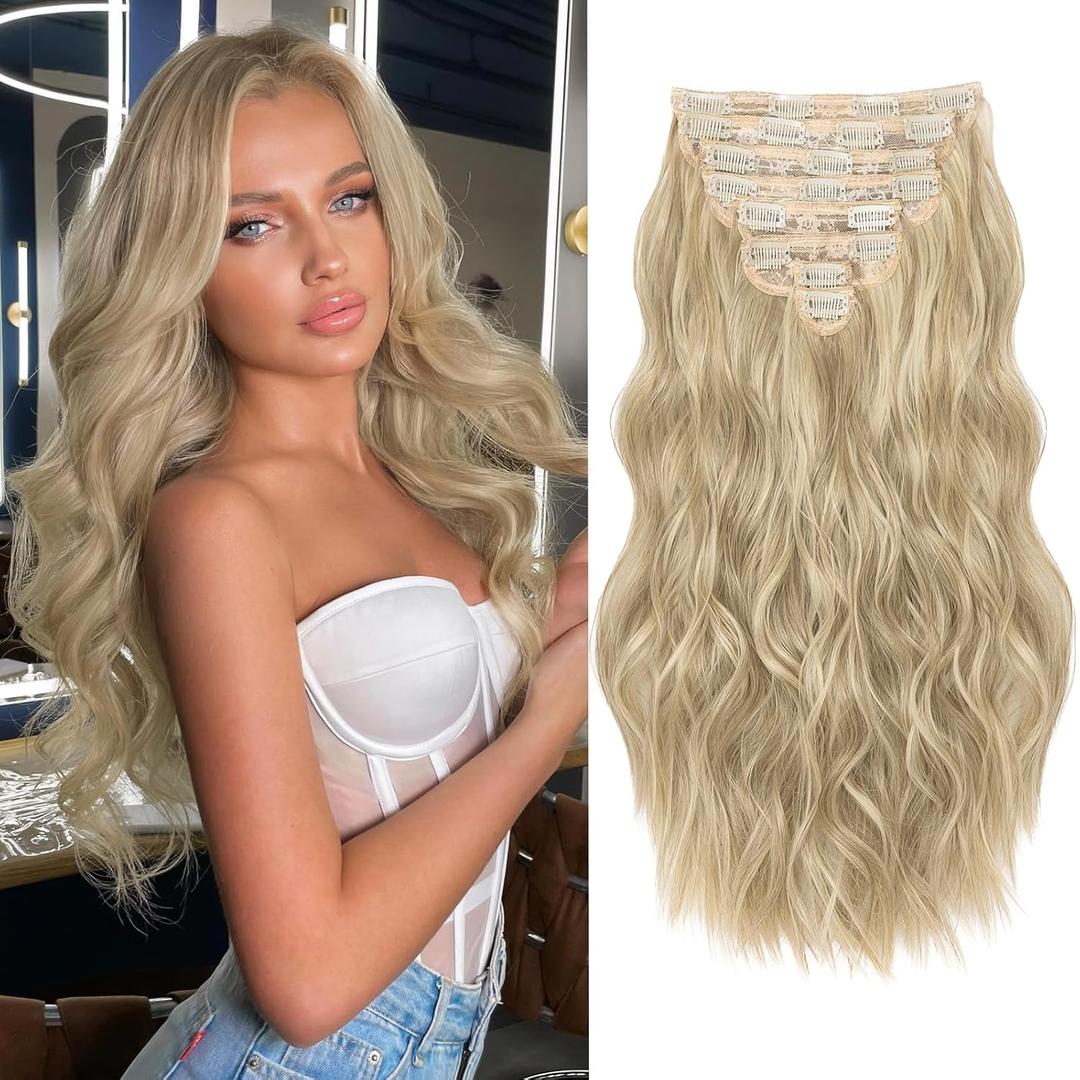 Clip in Hair Extensions for Women, 8PCS 20 Inch Wavy Ash Blonde Mixed Light Blonde Hair Extensions Clip Ins Mix Blonde, Synthetic Long Hairpieces for Women