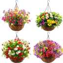 Lyrow 4 Pack Artificial Hanging Flowers with Baskets Outdoors Faux Flowers with 12 Inch Coconut Lining Baskets Realistic Artificial Hanging Plants for Patio Lawn Garden Decor