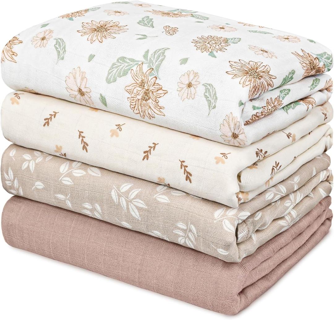 GLLQUEN BABY Muslin Swaddle Blankets 4-Pack Breathable Receiving Blankets (35" x 40") Soft Baby Blankets for Girls and Boys Newborn Essentials Muslin Burp Cloths Swaddle Wrap Baby Gift(Sunflower)