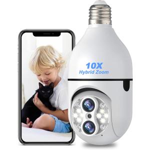 Light Bulb Security Camera, 10X Zoom PTZ E27 Light Socket Cameras for Home Security Outside Outdoor Indoor 2.4G Wireless WiFi, 1080P Color Night Vision, Auto Tracking, 360 Degree Panoramic(Dual Lens)