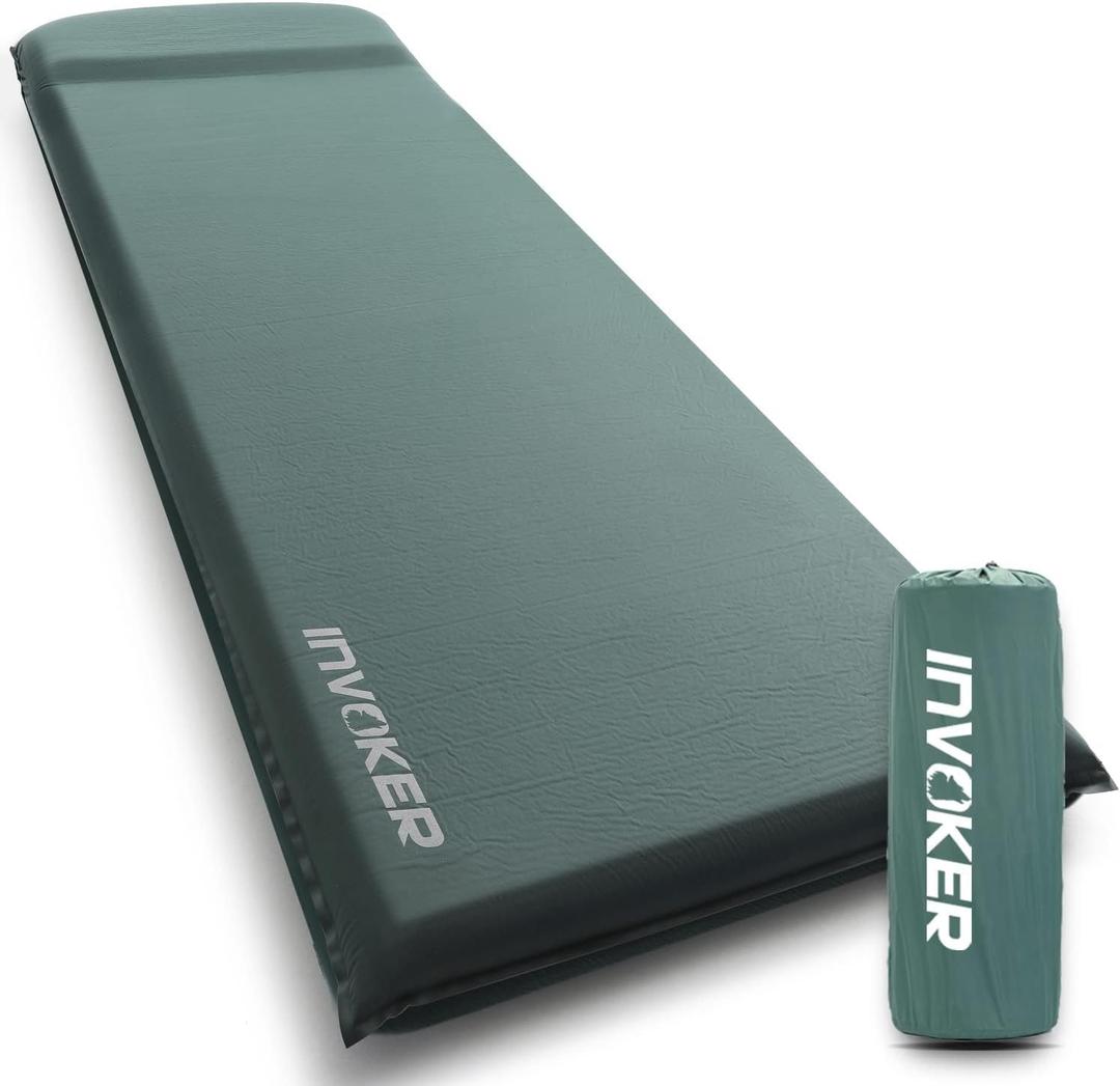 INVOKER 3.15" Self Inflating Camping Sleeping Pad, Ultra-Thick Elasticity Foam Fast Inflating 4-Season Insulated Durable Camping Mat Air Mattress with Pillow, for Tent, Car, Camping, Traveling, Green, Single
