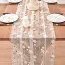 Beige Spring Summer Floral Table Runner Easter Embroidery Wildflower 10ft Gauze Seasonal Sheer Blossom Kitchen Dining Table Decoration for Home Birthday Party Baby Bridal Shower