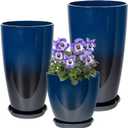 Neoaider 24/21/12 Inch Large Plastic Planter, Lightweight Ceramic-Look Tall Planters with Drain Hole & Saucers, Tall Plastic Planters for Porch, Garden, Patio, Balcony(Dark Blue)
