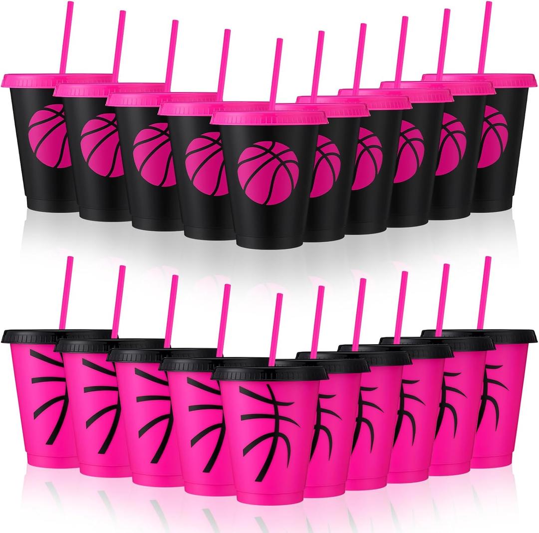 Domensi 20 Pcs Pink Basketball Party Favor Cups Bulk 16oz Cups Reusable Plastic Tumbler with Lid and Straw for Team Coach Friend Fan Men Women Gifts Party Favor Decoration Supplies