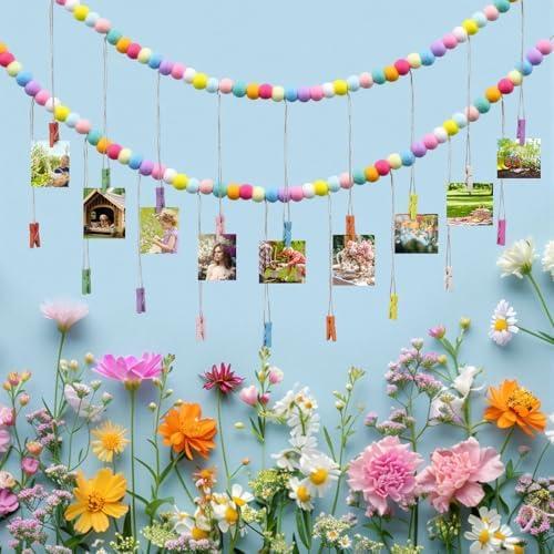 Amyhill 2 Pcs Spring Hanging Photo Display with Clips 9.8 ft Pom Pom Garland Spring Holiday Card Picture Frame 4 Feet DIY Pastel Photo Holders for Holiday Country Decor