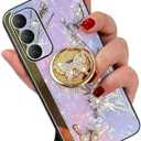 Bling Glitter Case for Galaxy A15, Cute 3D Floral Butterfly Luxury Sparkle Rhinestones with Kickstand Mirror Elegant Shockproof Protective Cover for Girls Women for Samsung A15 5G (Purple)