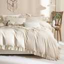 QSH Washed Cotton Queen Duvet Cover Set Ruffle Duvet Cover Linen Textured Farmhouse Shabby Vintage Chic Bedding Comforter Cover 3 Pieces Aesthetic French Country Queen Bed Set