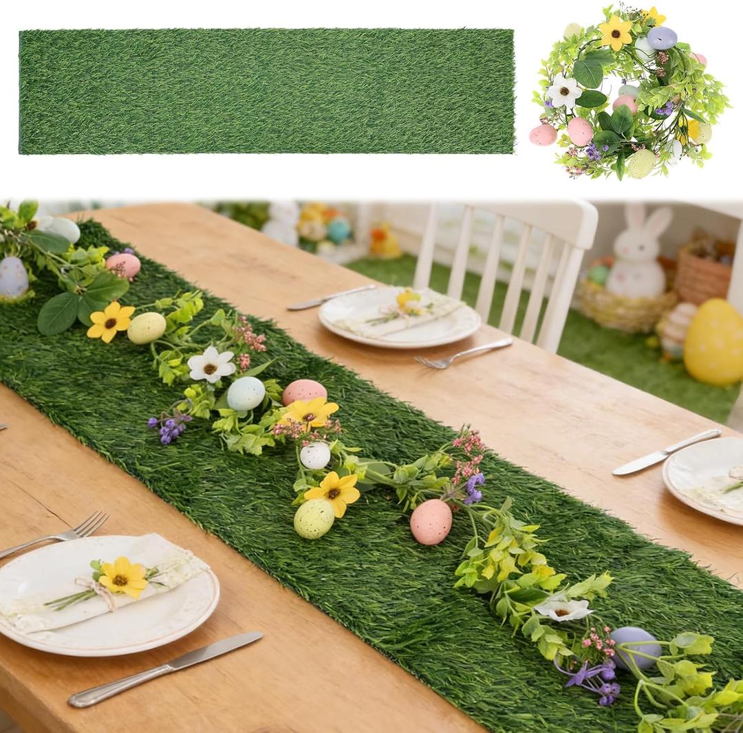 12" x 48" Easter Grass Table Runner with 5.7 Ft Easter Floral Egg Garland, Artificial Grass Table Runner Decorations for Spring Farmhouse Home Party Table Decor