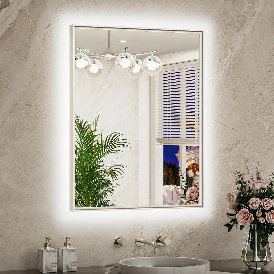 TETOTE 24 x 32 Backlit Bathroom Mirror Brushed Nickel Metal Frame LED Light Vanity 3-Color White/Warm/Natural Stepless Dimmable Anti-Fog Backlight Mirror Wall-Mounted
