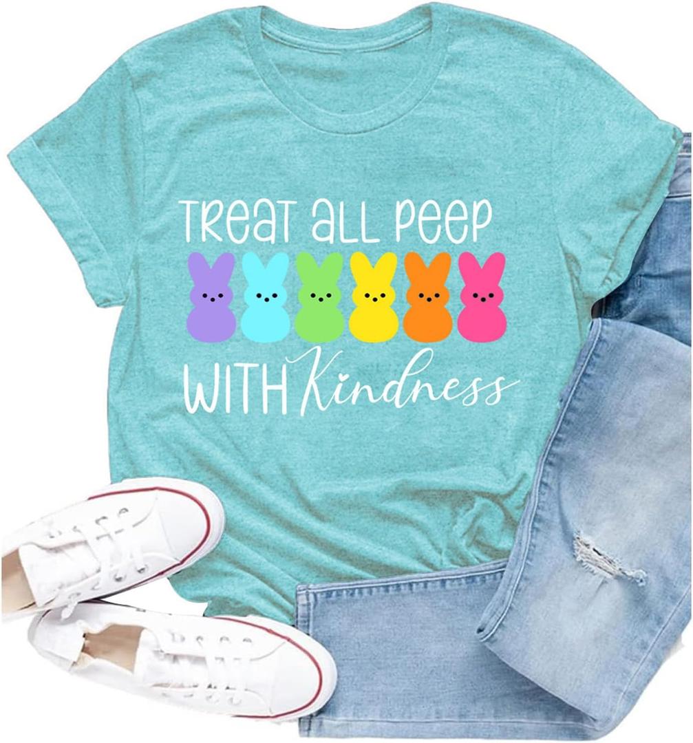 Easter Shirts for Women Happy Easter Teacher T-Shirt Funny Bunny Rabbit Short Sleeve (XX-Large, Cyan)
