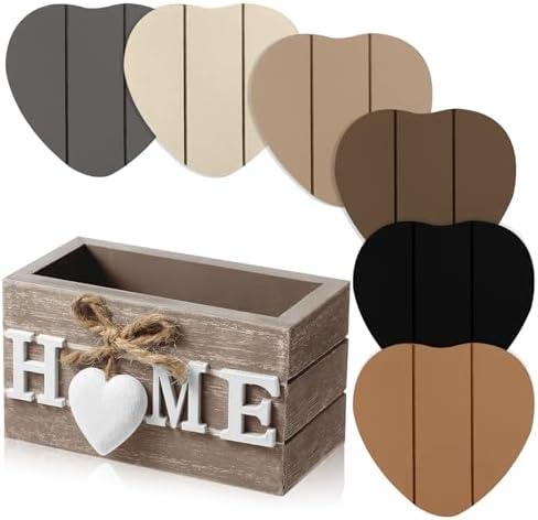 Patelai Set of 6 Wooden Heart Coasters House Warming Gifts New Home White Elephant Gifts for Adults Funny Farmhouse Coasters with Holder for Coffee Table Protection Decoration (Home, Brownish Black)