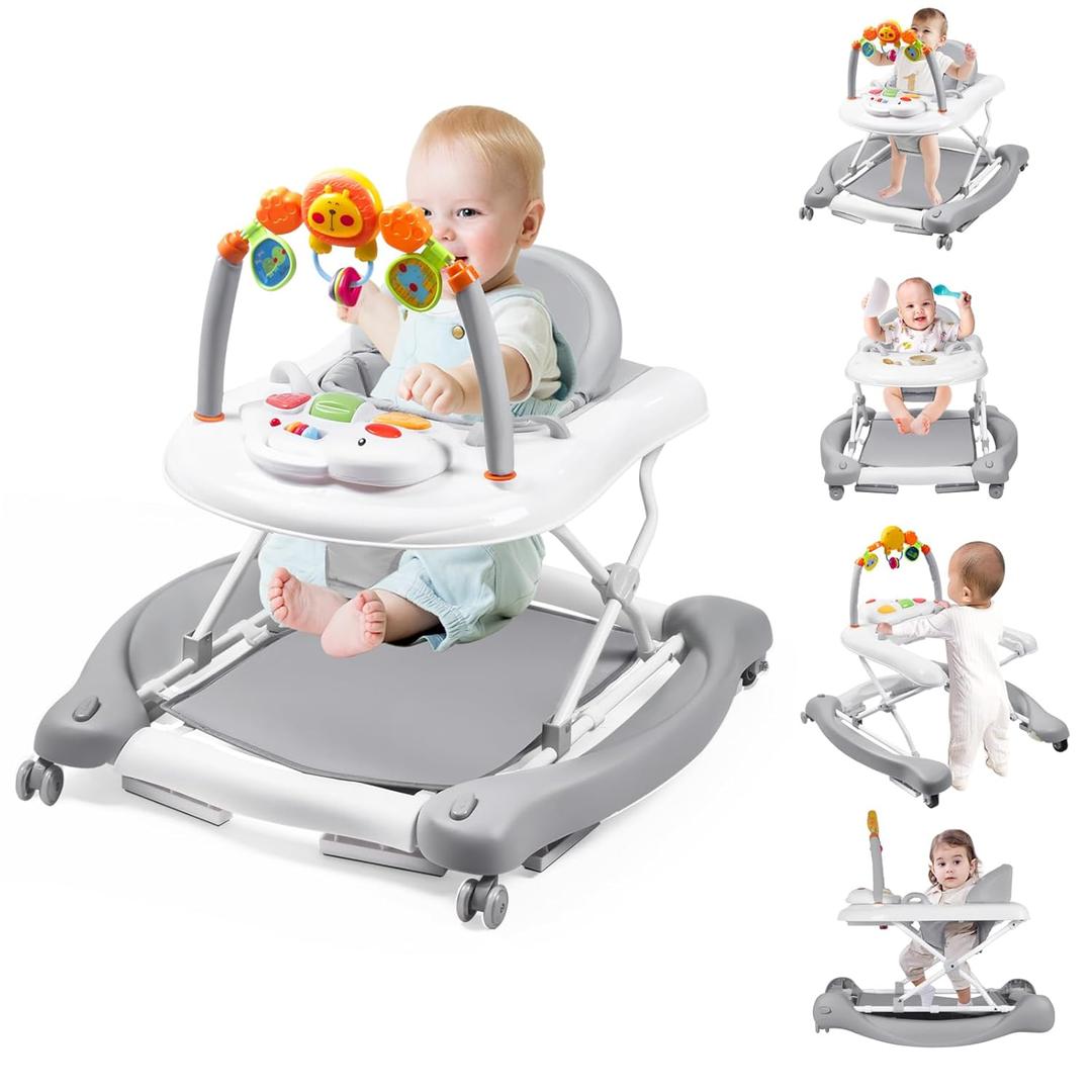 Baby Walker, 5-in-1 Baby Walkers for Boys and Girls 6-12 Months with Bouncer, Removable Footrest, Feeding Tray & Music, Foldable & Adjustable Activity Walker for 6-18 Months Toddler Infant (h-Light Gray)