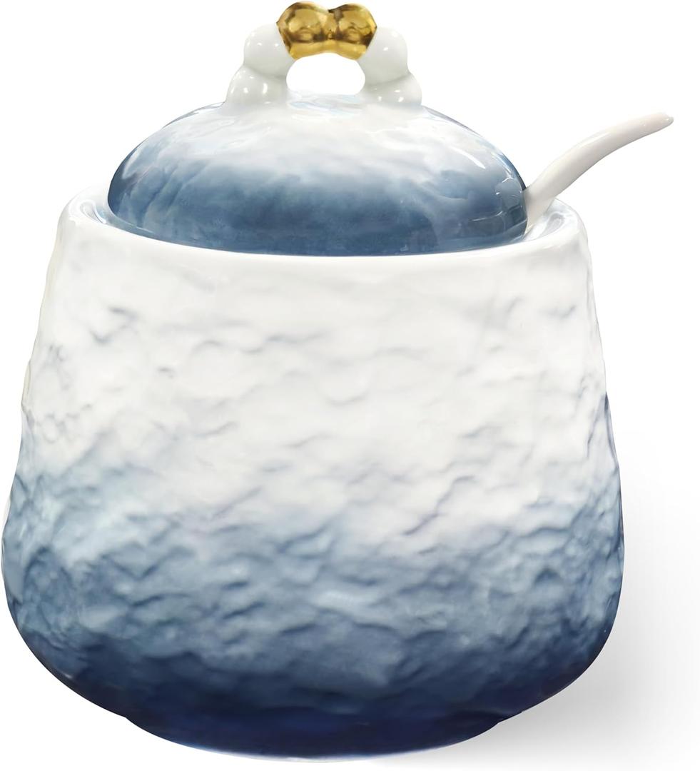 Ceramic Sugar Bowl with Lid and Spoon,12oz Sugar Bowl with Gradient Texture, Sugar Container with Lid and Spoon Sugar Jar for Coffee Station Accessories,Dishwasher & Microwave Safe,Blue