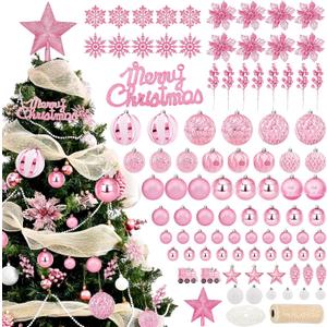 Ktinnead 94 Pcs Christmas Tree Decorations Set, Pink Shatterproof Christmas Tree Hanging Ball Ornaments with Glitter Poinsettia Flowers Decorations Berries Snowflakes for Xmas Party Holiday Wedding