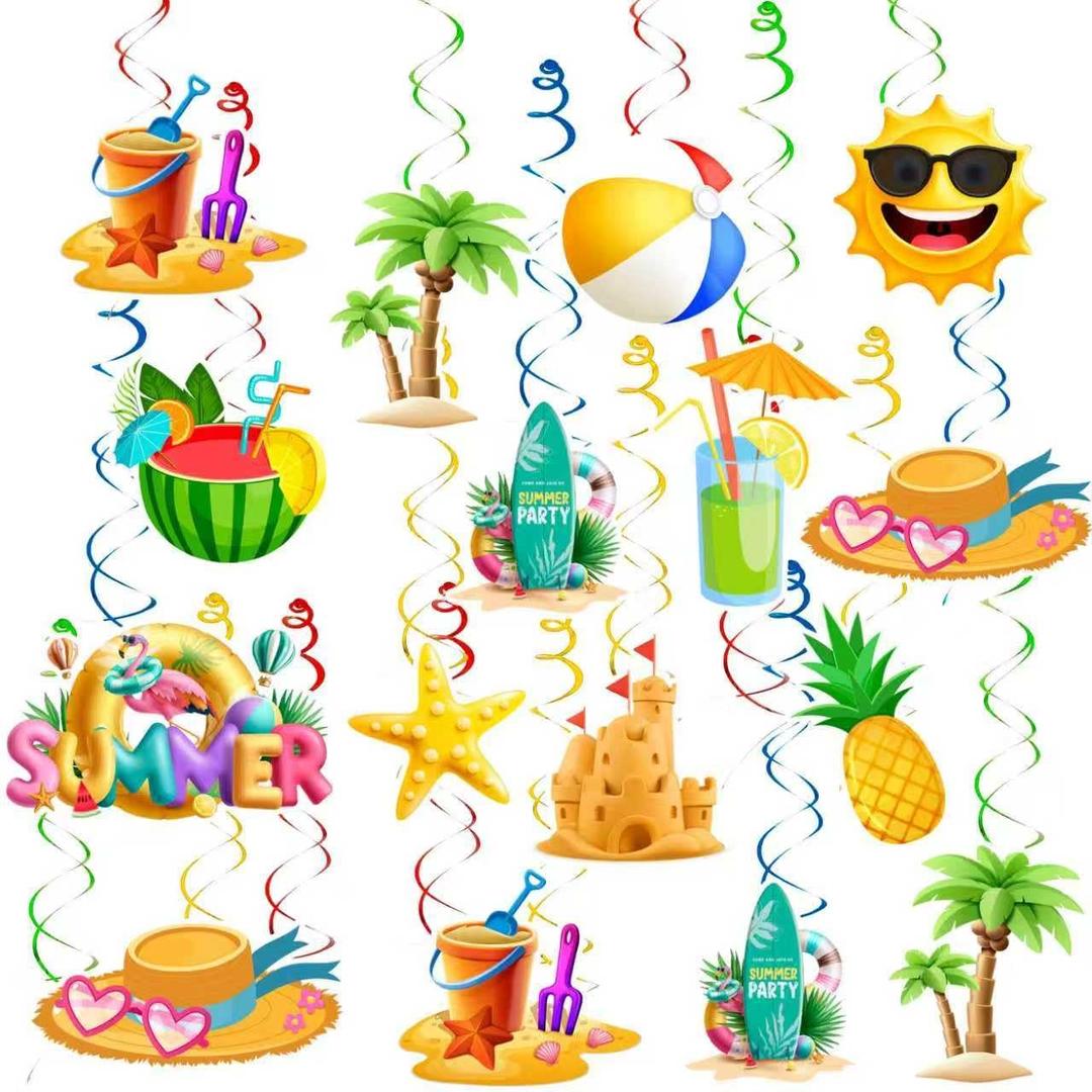 33pcs Summer Pool Party Hanging Swirls, Beach Hanging Decorations Banner Foil Ceiling Hanging Swirls Streams for Luau Hawaii Celebrating Birthday Summer Pool Beach Party Decorations Room Wall Decor