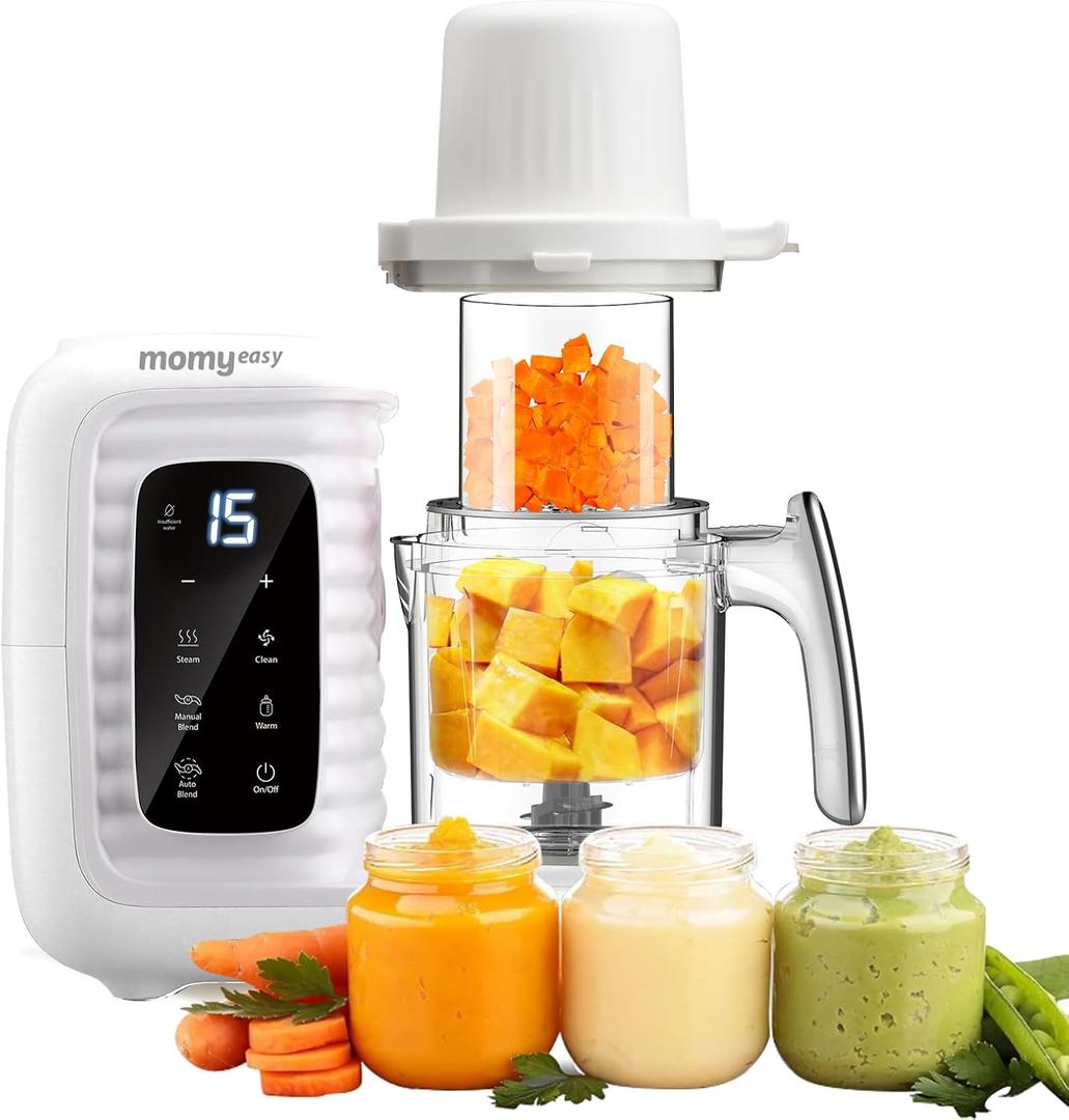 MOMYEASY Baby Food Maker, Multifunction Processor Chopper Grinder, Baby Food Steamer and Puree Blender in-One, with Bottle Warmer, Auto Cooking & Grinding with Touch Control Panel (White)
