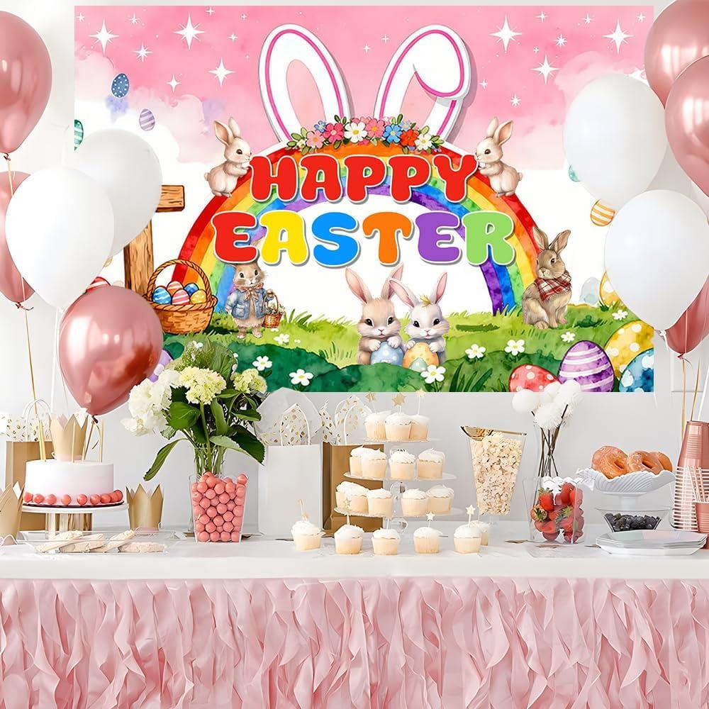 Happy Easter Backdrops Photography Banner Decorations, 5 x 7ft Rabbit Activity Background Supplies Egg Theme Photography Banner Decorations for Party Decorations